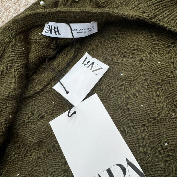 Zara Green Open Back Knit Sweater w/ Pearl Small Holiday Elegant Fun - Picture 12 of 14